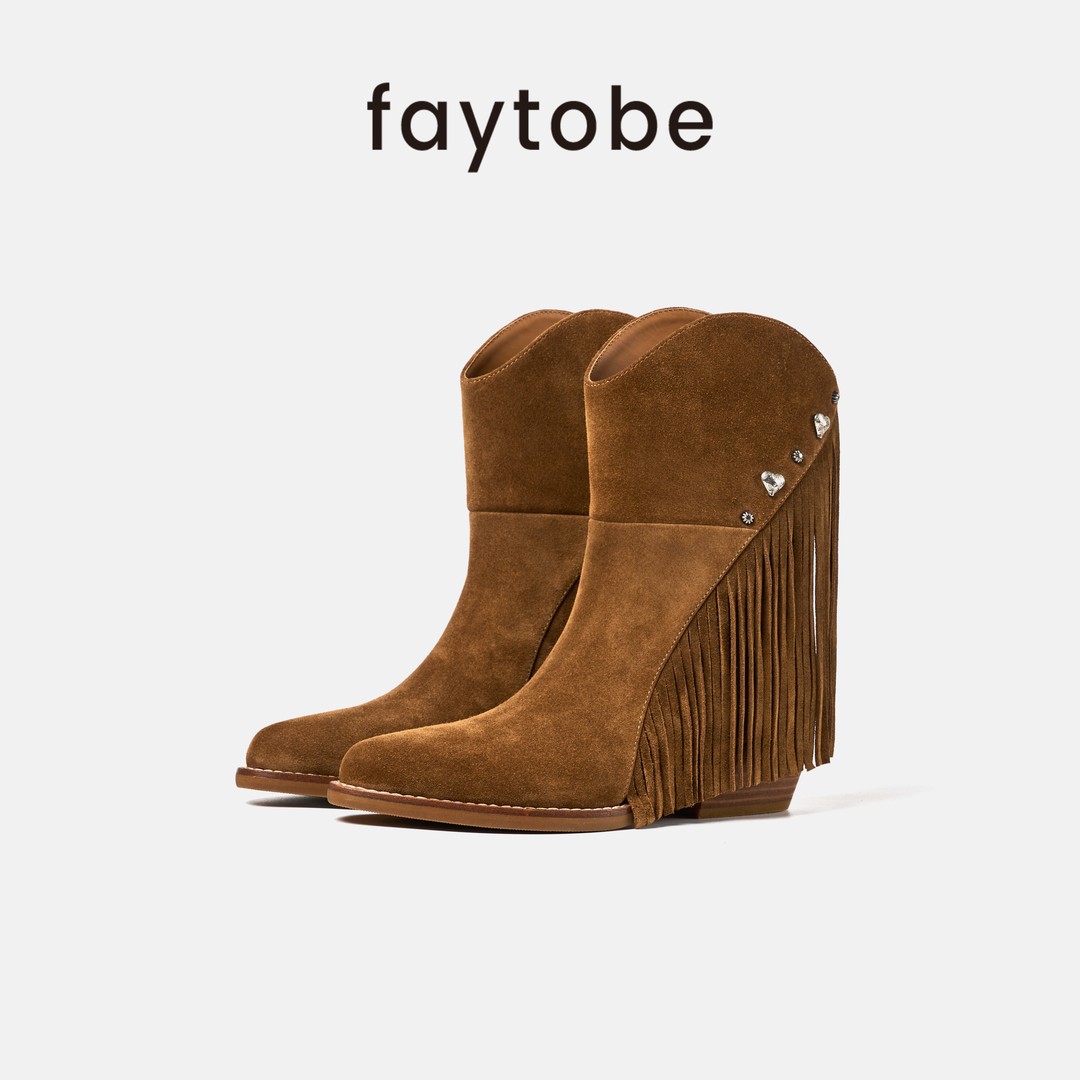 faytobe流苏饰扣西部靴秋冬废土尖头中跟短靴反绒美拉德时装靴主图