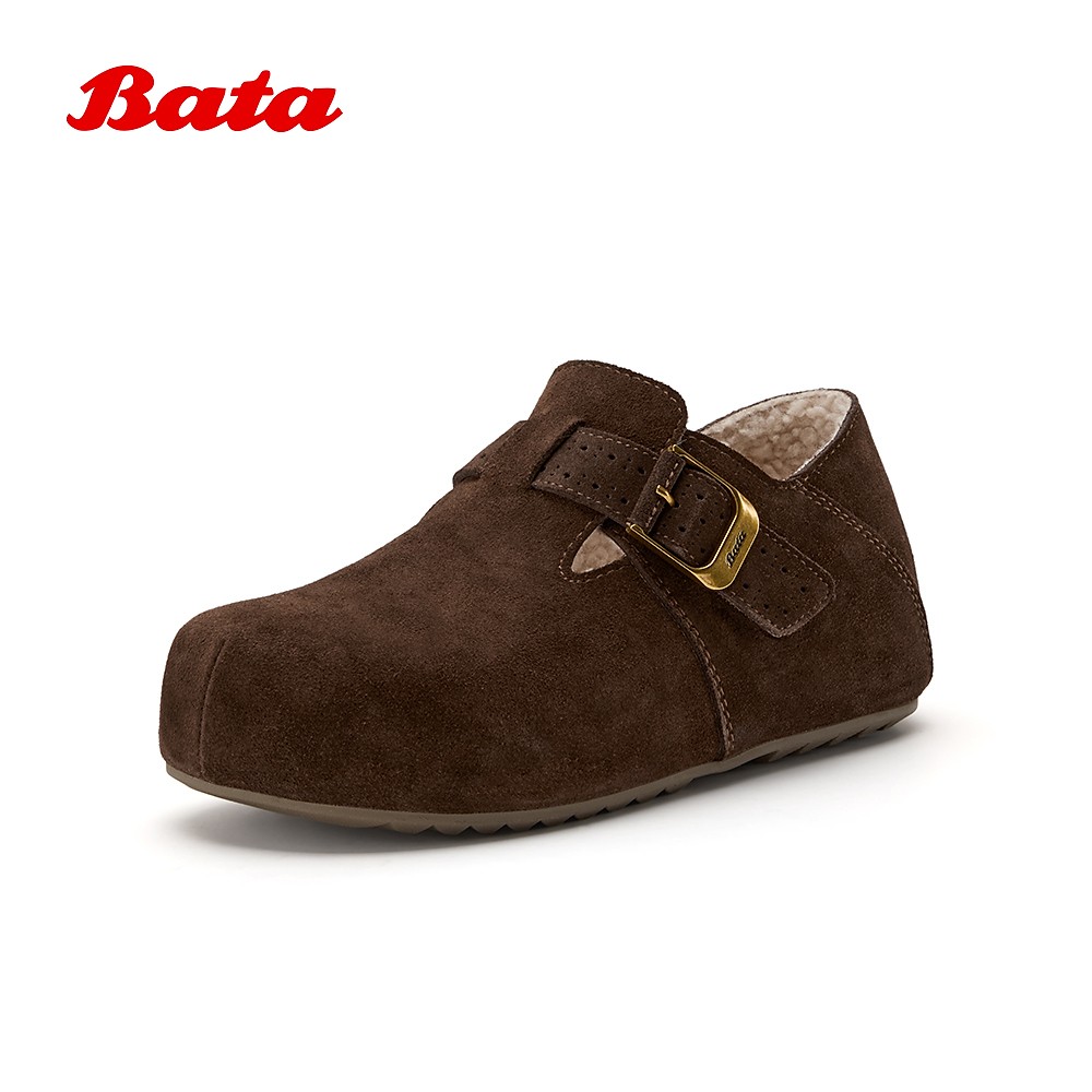 Bata勃肯鞋女2025秋商场新款英伦复古牛剖皮内增高一脚蹬31502CM5主图