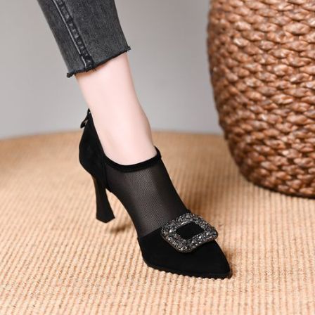 气质百搭浅口水钻扣网纱鞋女2025春夏新款高跟鞋细跟尖头镂空单鞋