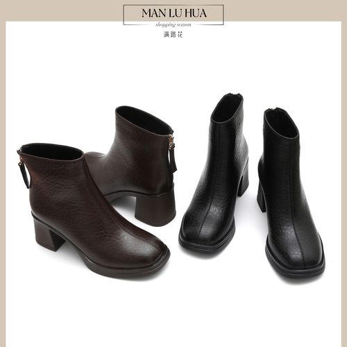 头层牛皮短靴女高跟厚底显脚小冬季粗跟真皮加绒方头气质轻便短筒主图