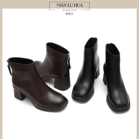 头层牛皮短靴女高跟厚底显脚小冬季粗跟真皮加绒方头气质轻便短筒