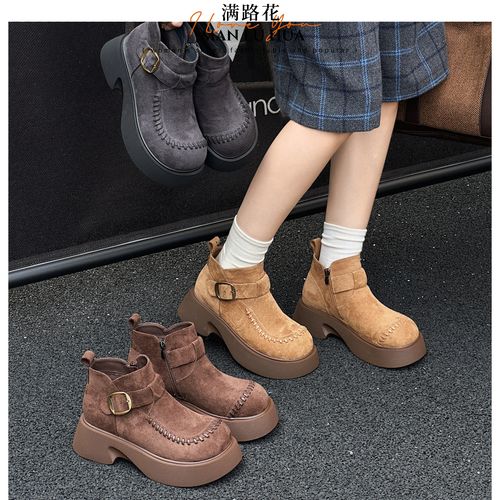 休闲短靴女款勃肯鞋厚底增高小个子侧拉链马丁靴圆头复古轻便软底主图