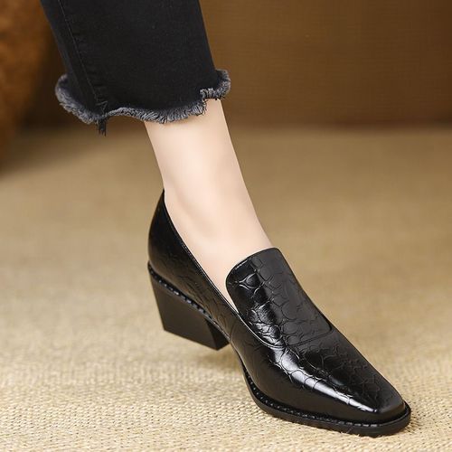 方头深口单鞋女5.5厘米粗跟舒适英伦风乐福皮鞋百搭职业软底单鞋主图