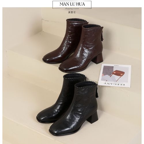 【NO退NO换】头层牛皮短靴女款真皮美拉德粗跟中跟方头秋冬时尚主图