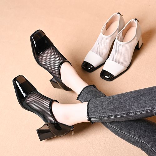 轻职风短靴女靴透气方头铁包春夏英伦尖头镂空方根高跟鞋凉靴网靴主图