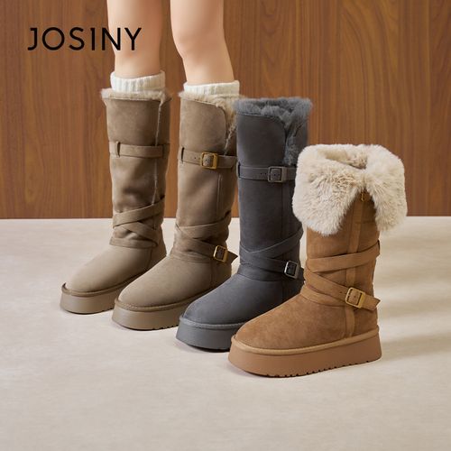 卓诗尼2025软底时尚雪地靴加绒厚底翻毛长筒雪地靴高筒保暖筒靴主图