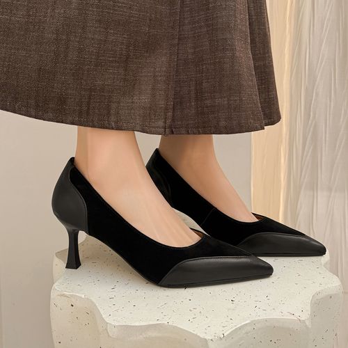 6.5cm春秋百搭尖头浅口单鞋女时尚气质高跟鞋法式拼接通勤气质鞋主图