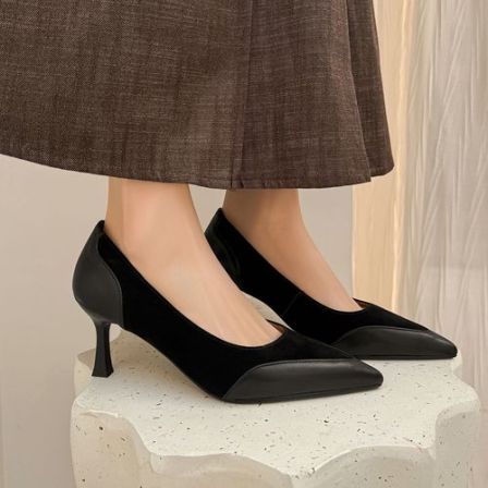 6.5cm春秋百搭尖头浅口单鞋女时尚气质高跟鞋法式拼接通勤气质鞋