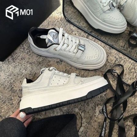 M01明星同款~真皮厚底休闲板鞋女春夏新款百搭爆裂纹运动小白鞋