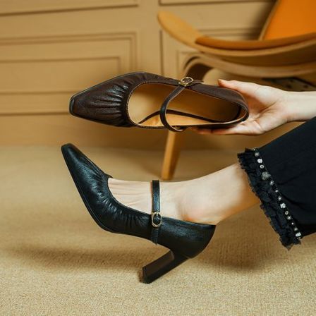 7cm舒适软皮不磨脚高跟鞋法式方头粗跟单鞋百搭春秋气质皮鞋棕色