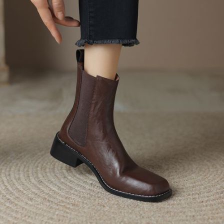 3.8cm牛皮方头粗跟黑色复古百搭中跟切尔西短靴秋冬瘦瘦靴马丁靴