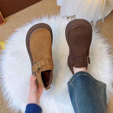 厚底复古加绒勃肯鞋女2025冬季新款懒人一脚蹬保暖增高乐福二棉鞋