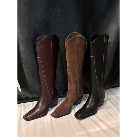 【猎手靴】线条修饰直腿型好走路6.5cm小牛皮复古方头长筒靴