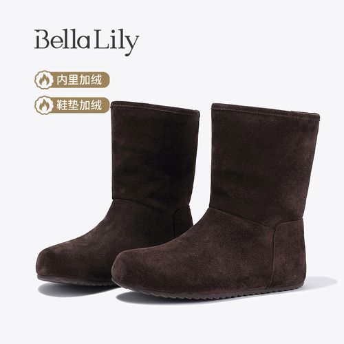 BellaLily冬季新款复古牛皮雪地靴女加绒内增高勃肯鞋中筒靴主图
