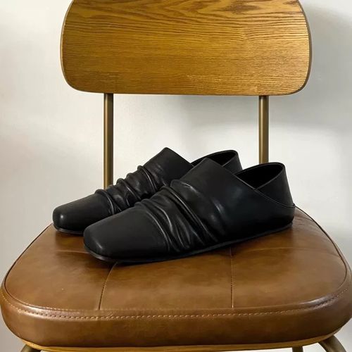 牛皮版~复古小众方头褶皱感平底单鞋女2025新款穆勒小皮鞋半拖鞋主图