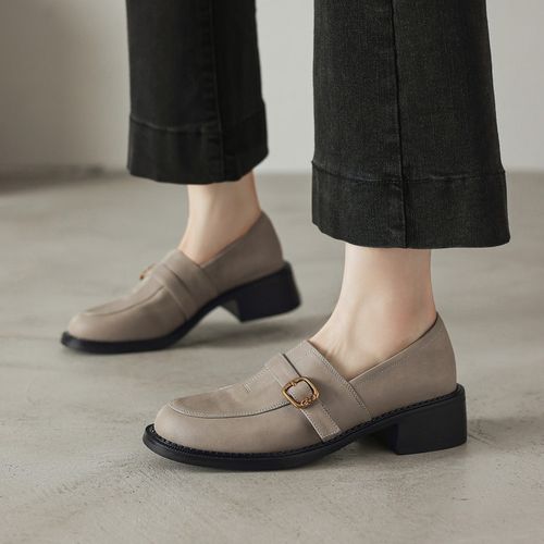 里外纯皮～头层牛皮4cm复古中跟单鞋舒适乐福鞋一脚蹬百搭新款皮鞋主图