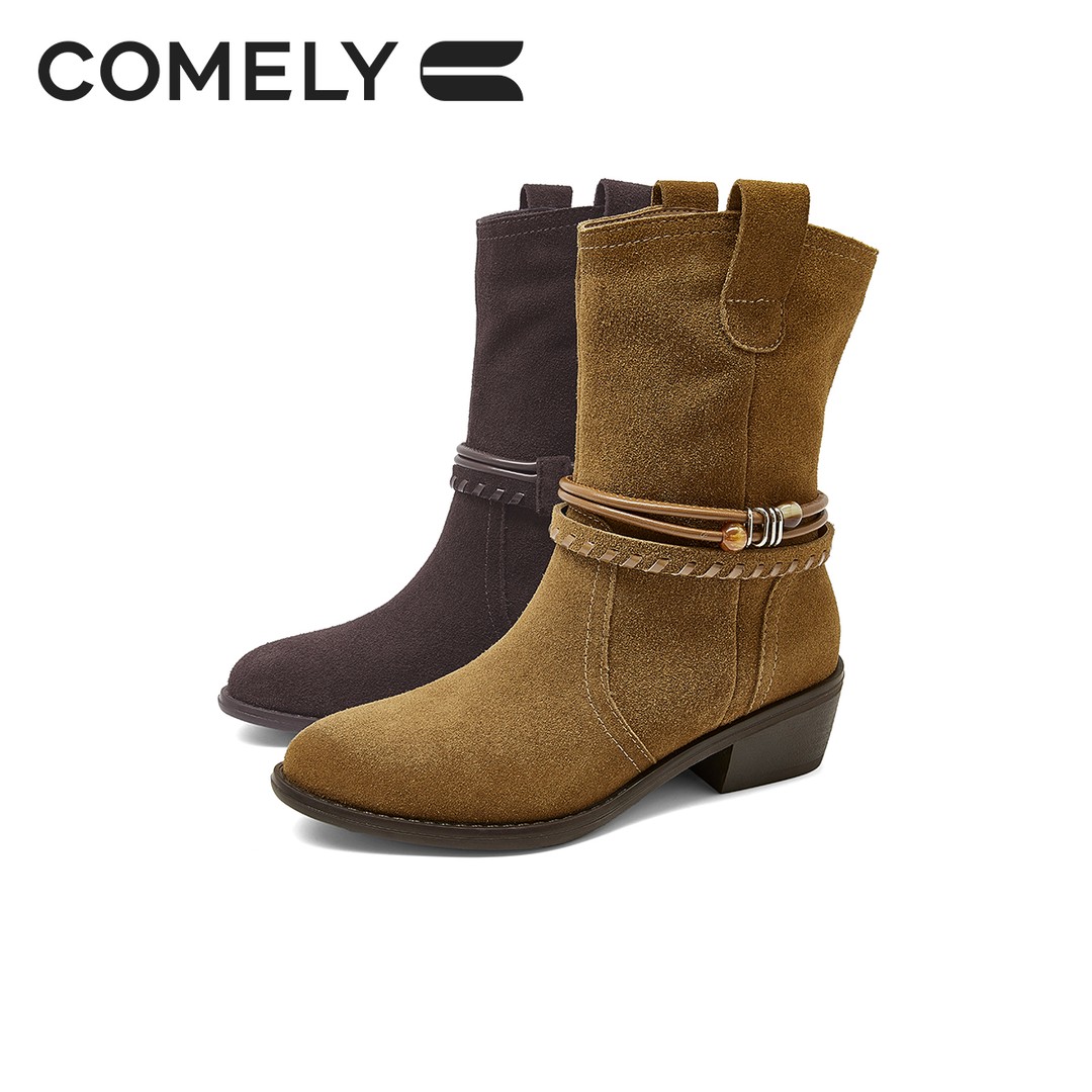 康莉KZQ5A858西部靴女粗跟瘦瘦靴小短靴美拉德棕色靴主图