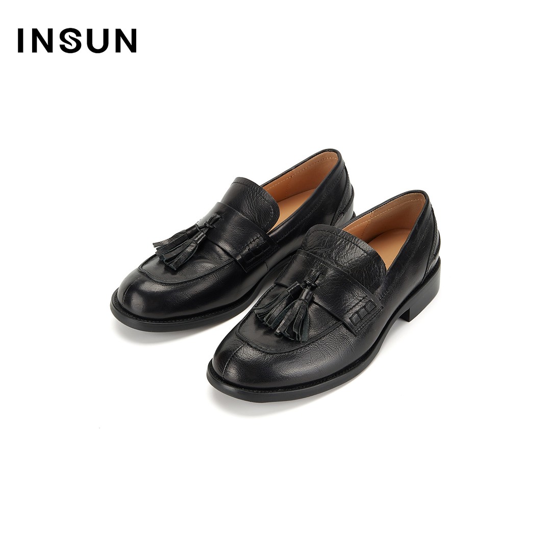 INSUN恩裳2025冬季小牛皮真皮皮鞋乐福鞋主图