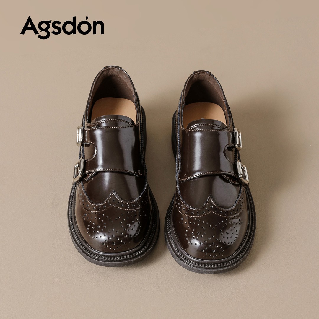 奥古狮登厚底乐福鞋女2026新款春季英伦风小皮鞋复古雕花布洛克鞋主图