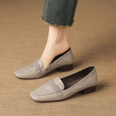 头层羊皮3cm～复古百搭一脚蹬单鞋女新款舒适气质乐福鞋气质英伦风