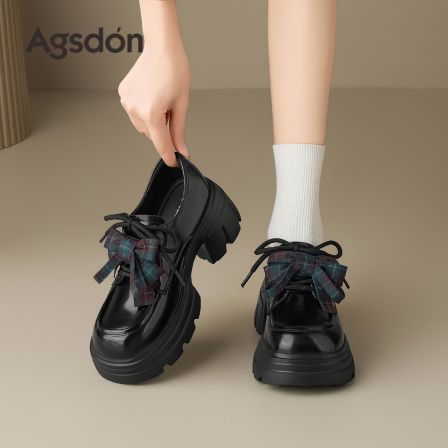 奥古狮登厚底黑色乐福鞋女款2026新款春季英伦风小皮鞋蝴蝶结单鞋