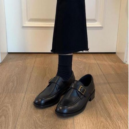 牛皮版~复古小牛皮英伦风百搭皮带扣一脚蹬圆头女乐福鞋真皮单鞋