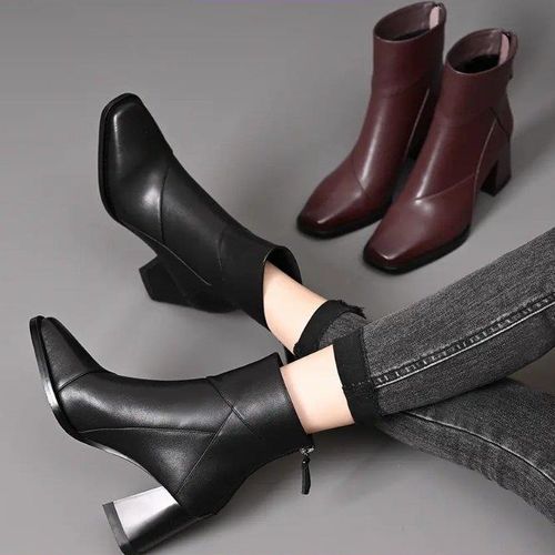 时尚真皮女鞋粗跟短靴新款高跟冬加绒棕色瘦瘦靴英伦风复古马丁靴主图