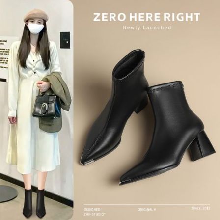 ZHR/则则气质高跟短靴女2026新款复古尖头加绒瘦瘦靴增高法式靴子