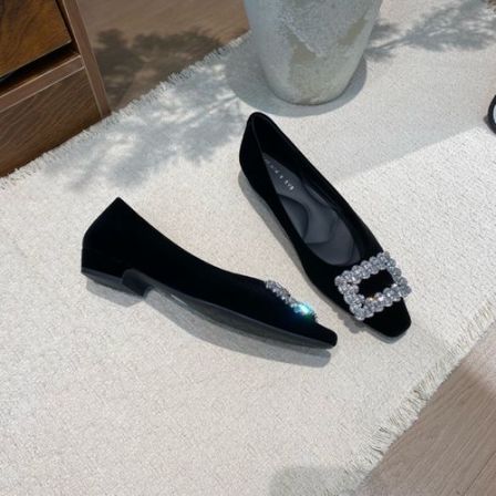 Y6011-2低跟水钻方头低跟套筒浅口26春季法式软底单鞋平底鞋粗跟