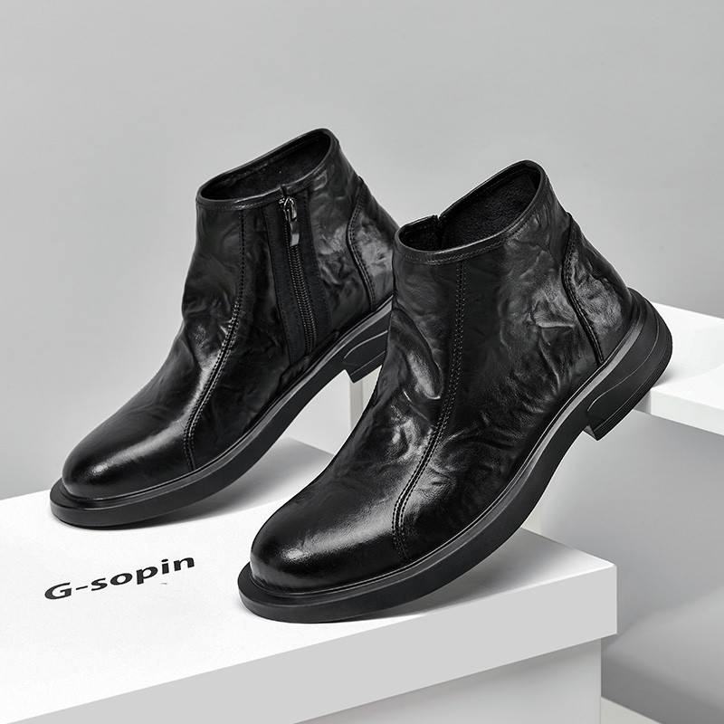 8918马丁靴男中帮男士休闲潮流百搭时尚切尔西黑色软底侧拉链靴子主图