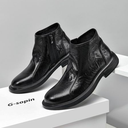 8918马丁靴男中帮男士休闲潮流百搭时尚切尔西黑色软底侧拉链靴子