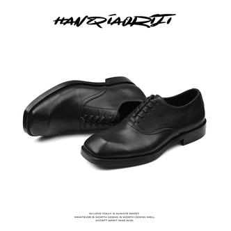 韩桥日记[异型系列]"方镜"百搭通勤牛皮系带方头德比真皮黑色皮鞋主图