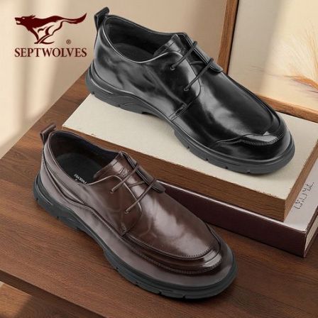 七匹狼男鞋休闲商务修面皮休闲皮鞋亮面皮鞋春季系带英伦风黑色