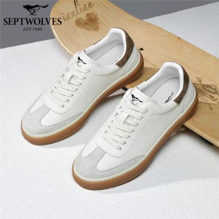 七匹狼男鞋休闲纯色休闲板鞋男白低帮鞋复古系带男士透气德训鞋