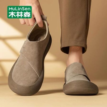 木林森覆古勃肯鞋男秋冬一脚蹬软底魔术贴宽头皮鞋休闲大头豆豆鞋