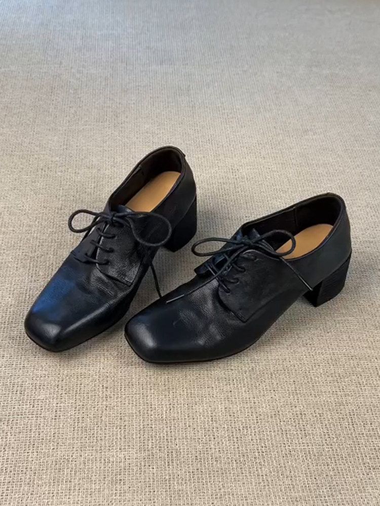 羊皮版~休闲显瘦真皮复古系带小皮鞋女英伦风时尚深口外穿乐福鞋主图