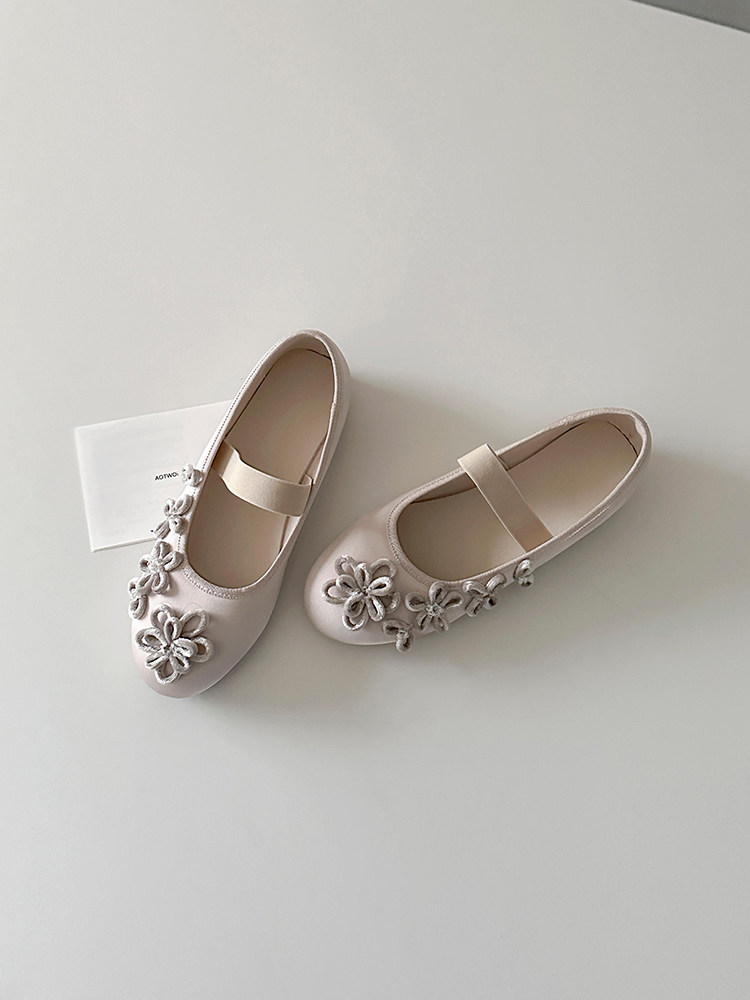 羊皮版~芭蕾风花朵温柔绸缎面玛丽珍鞋女一字带圆头新款平底单鞋主图