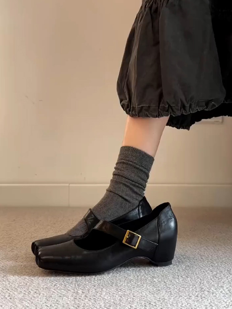 羊皮版~优雅时尚方头显瘦通勤浅口玛丽珍鞋女真皮复古内增高单鞋主图