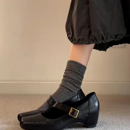 羊皮版~优雅时尚方头显瘦通勤浅口玛丽珍鞋女真皮复古内增高单鞋