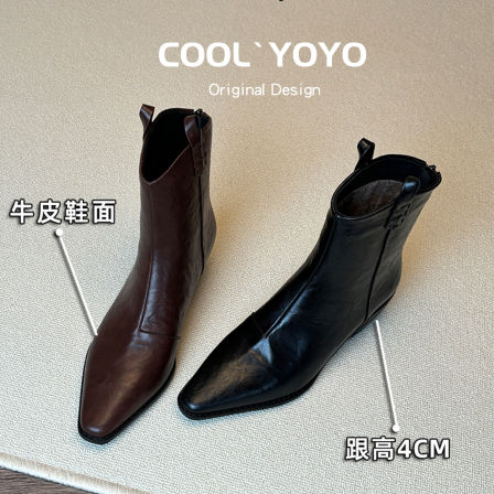 真皮英伦风尖头短靴女2025秋冬新款加绒切尔西靴方头粗跟瘦瘦靴子