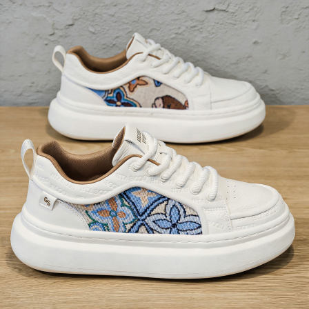 鞋子男款2026新款时尚设计感印花布厚底板鞋增高青少年休闲小白鞋