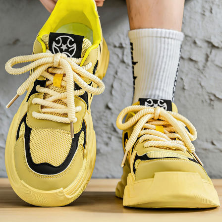 男款鞋子黄色网面透气青少年厚底耐磨滑板鞋个性潮流男休闲增高鞋