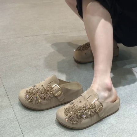 牛皮版~厚底烟花勃肯鞋外穿增高复古一脚蹬包头凉拖鞋女穆勒拖鞋