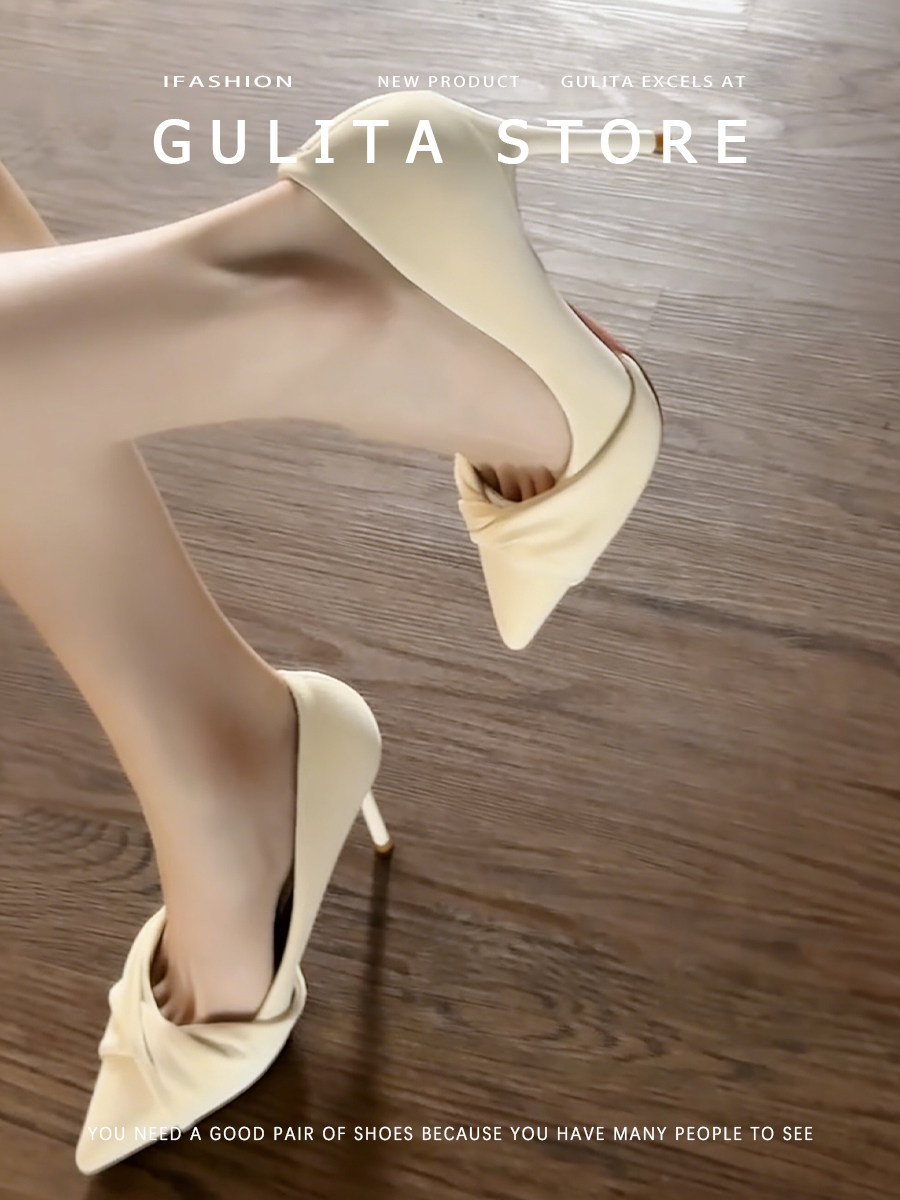 古莉塔蝴蝶结白色尖头高跟鞋女细跟不累脚气质绝美浅口法式单鞋女主图