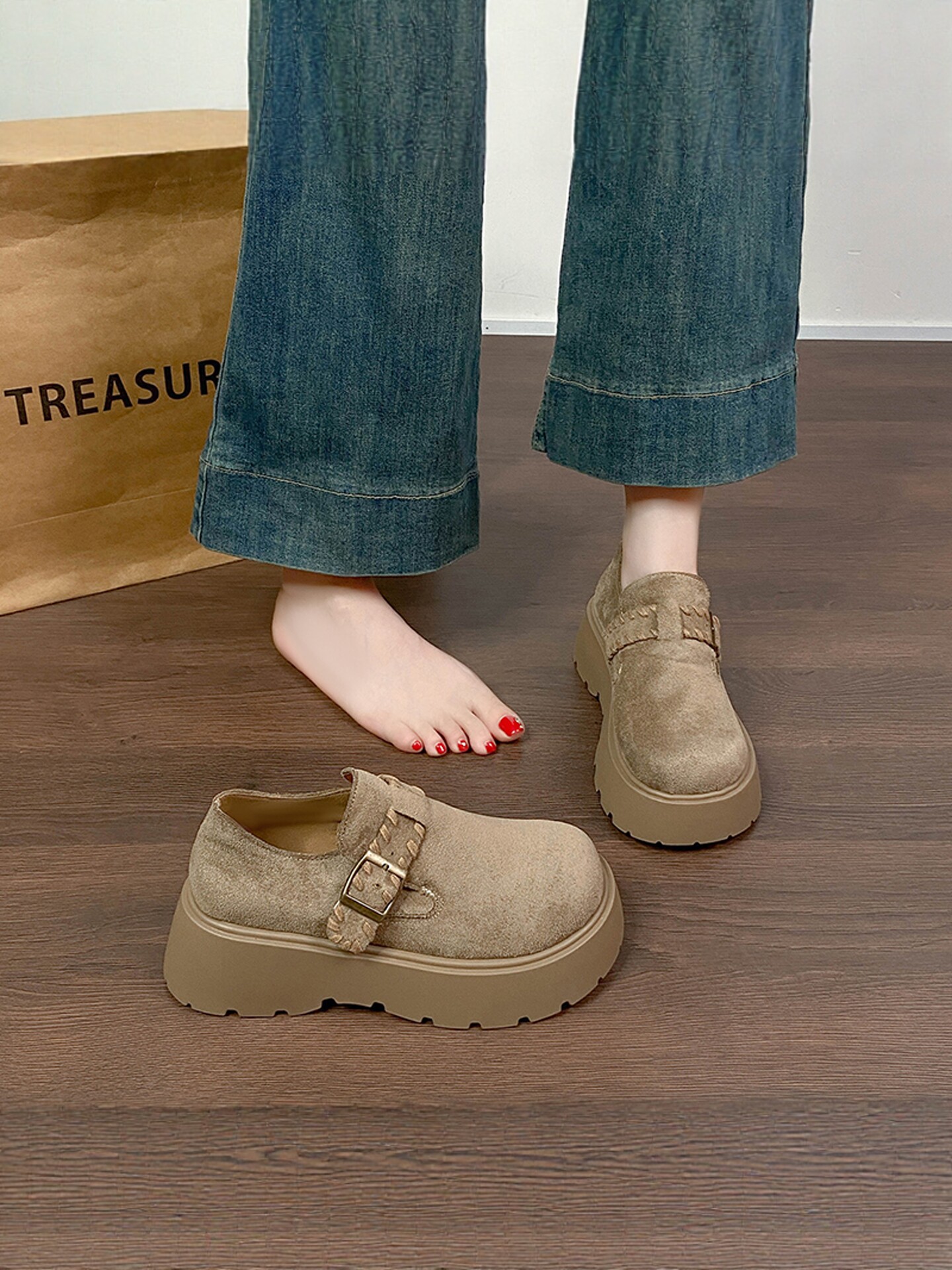 真皮勃肯鞋女鞋2026新款春季复古全包一脚蹬乐福鞋增高厚底豆豆鞋主图
