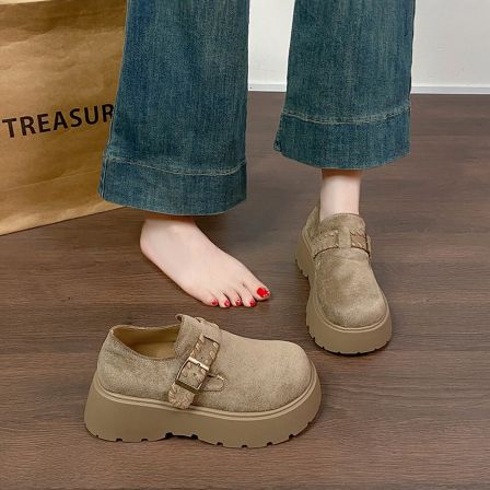 真皮勃肯鞋女鞋2026新款春季复古全包一脚蹬乐福鞋增高厚底豆豆鞋