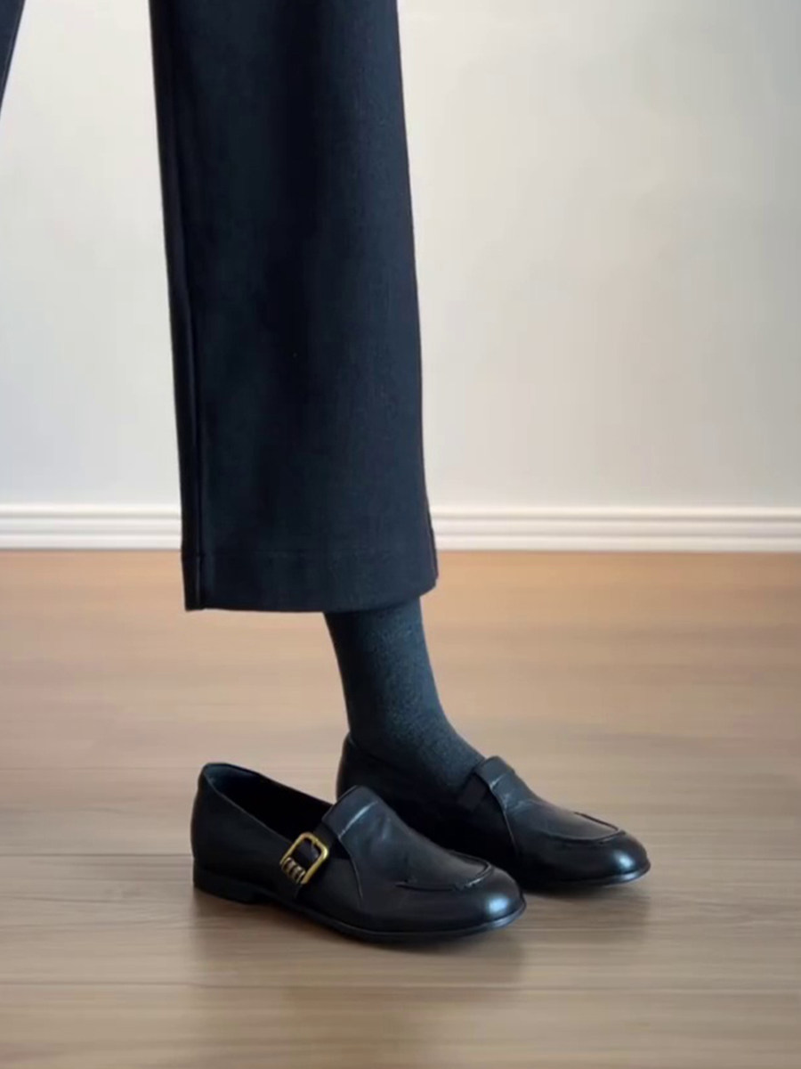 牛皮版~复古圆头T字扣带玛丽珍小皮鞋通勤一脚蹬百搭低跟乐福鞋女主图