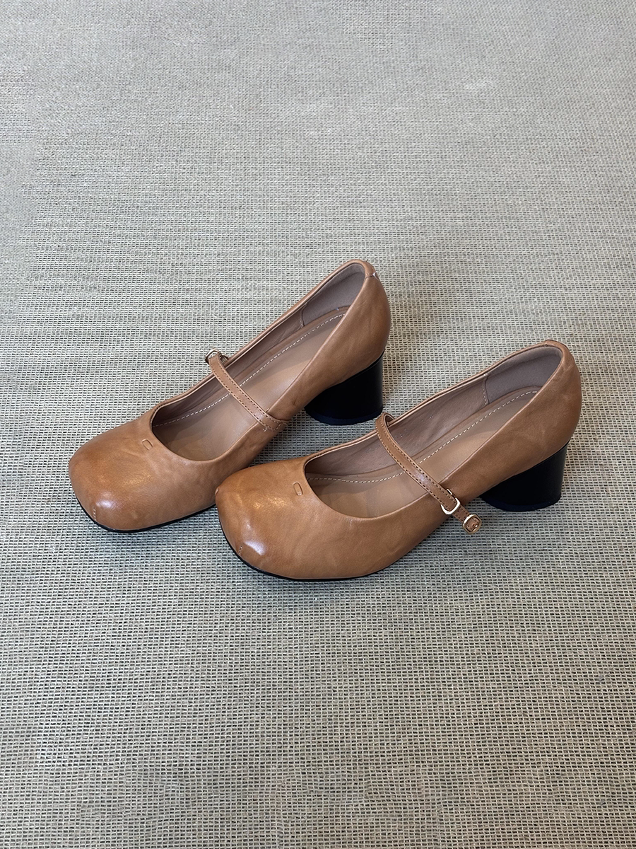 羊皮版~方头玛丽珍一字带复古日常通勤纯色浅口橡胶底防滑女单鞋主图