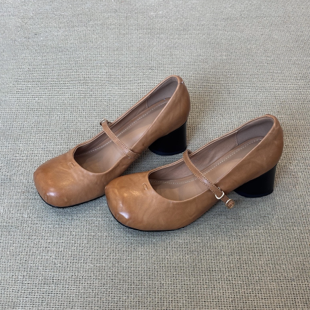 羊皮版~方头玛丽珍一字带复古日常通勤纯色浅口橡胶底防滑女单鞋