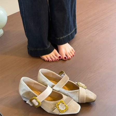 羊皮版~法式丝绒绝美玛丽珍鞋女金色一字带粗跟方头时尚粗跟单鞋